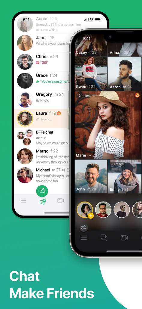 Frim: meet new people - Interface of Frim app showing social chat list and nearby user profiles