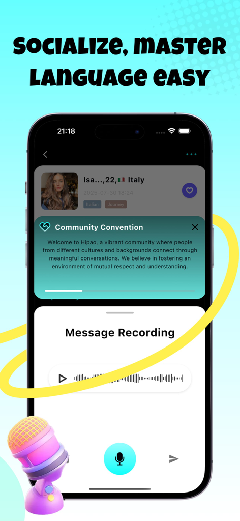 Hipub - Uma interface de aplicativo móvel para Hipub mostrando uma tela de gravação de mensagem de voz e diretrizes da comunidade para intercâmbio de idiomas.