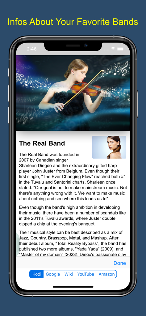 Pantalla de biografía y información detallada del artista en la interfaz de la aplicación Music Remote Pro para Kodi