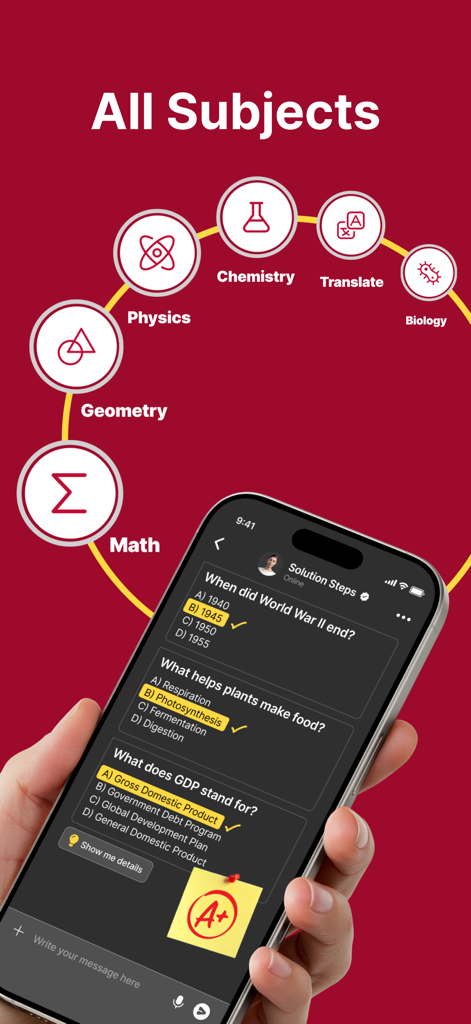 FastMath app interface showing solved quiz questions across multiple subjects