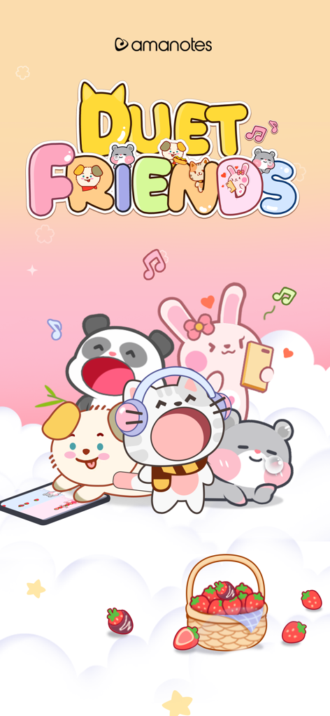 Duet Friends: Pet Music Games - Tela de introdução para Duet Friends Pet Music Games mostrando animais fofos de desenho animado cantando juntos