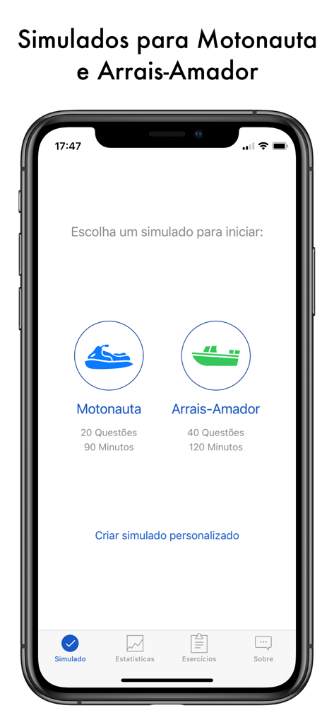 Simulados Motonauta e Arrais - Tela do iPhone mostrando seleção para simulados Motonauta e Arrais-Amador com ícones de jet ski e barco