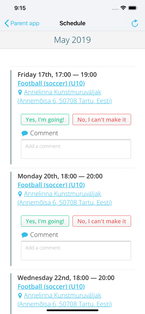 Pantalla de horario de Sportlyzer Player App con opciones de confirmación de asistencia para sesiones de entrenamiento de fútbol