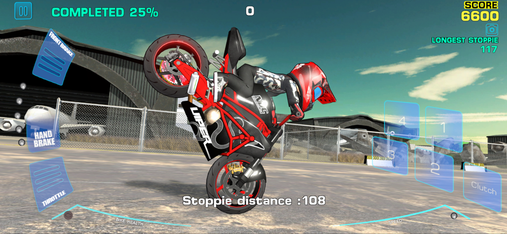 Stunt Bike Freestyle - Motorcycle performing a stoppie stunt in an airfield hangar in Stunt Bike Freestyle