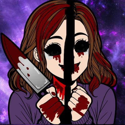 a realistic girl holding a knife and grinning