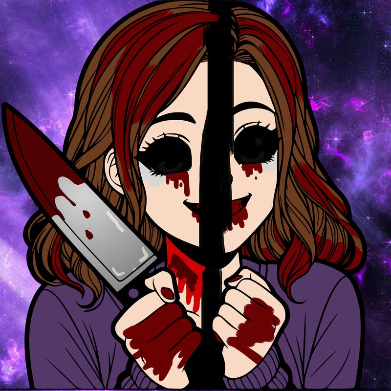 a realistic girl holding a knife and grinning