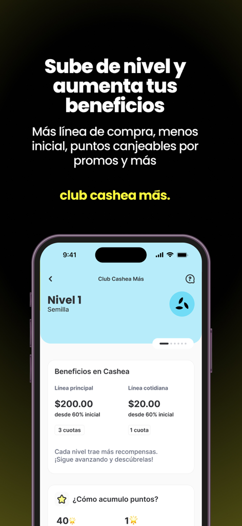 Schermata mobile dell'app Cashea che mostra i vantaggi della linea di credito e i livelli di appartenenza in spagnolo.