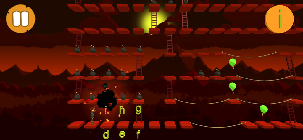 A level in Alphabet and Ladders game featuring lower case letters ladders and obstacles