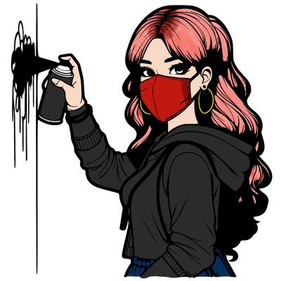 realistic girl with mask spray painting a wall