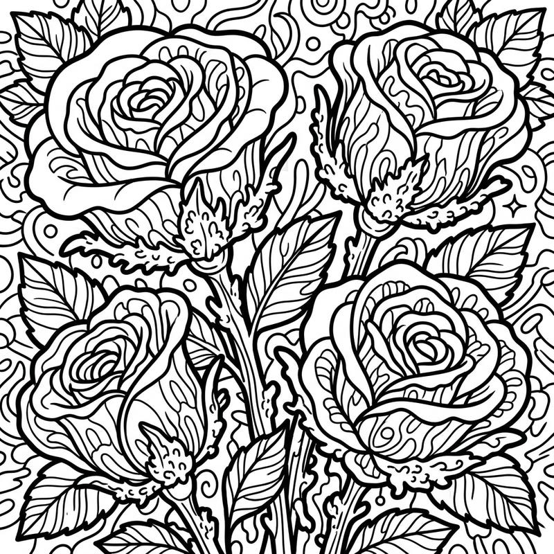 Discover the enchanting beauty of moss roses reimagined in a captivating Kawaii style, designed specifically for adult coloring enthusiasts. This intricate template offers a delightful challenge, inviting you to add vibrant hues to its charming details.