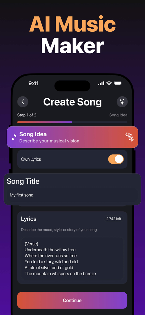 AI Song Maker interface showing the creation screen where users can enter a song title and custom lyrics
