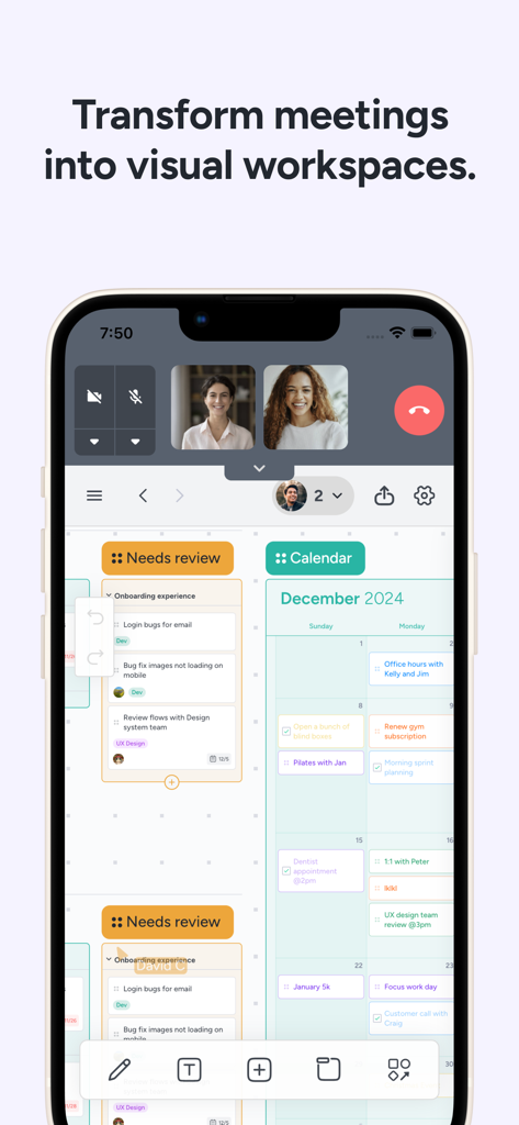 Instaboard: Whiteboard & Plan - Instaboard mobile app interface displaying a video call alongside integrated tasks and a calendar on a visual canvas.