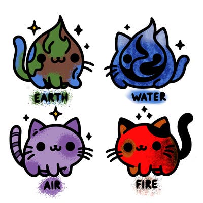 4 cats that represent the different elements, earth, water, air, and fire