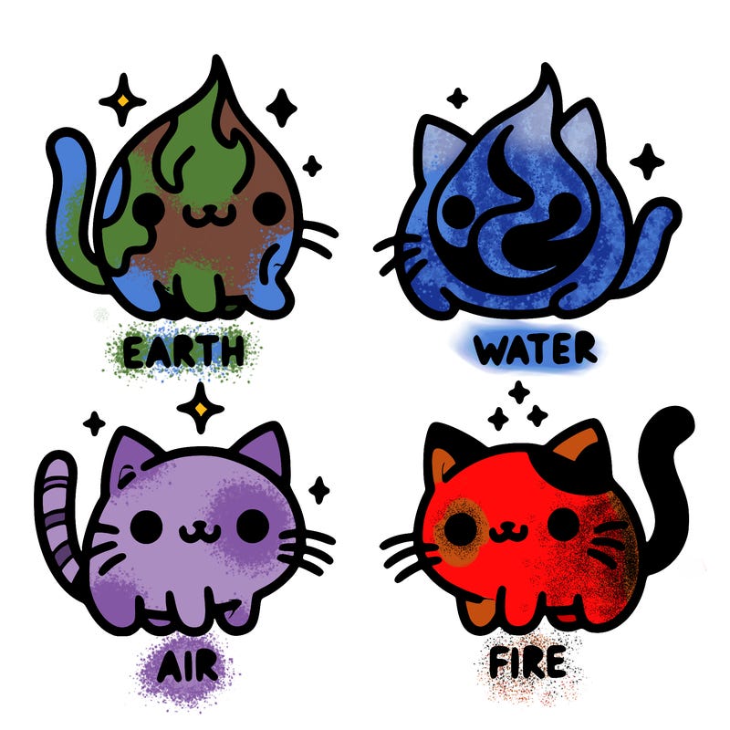 4 cats that represent the different elements, earth, water, air, and fire