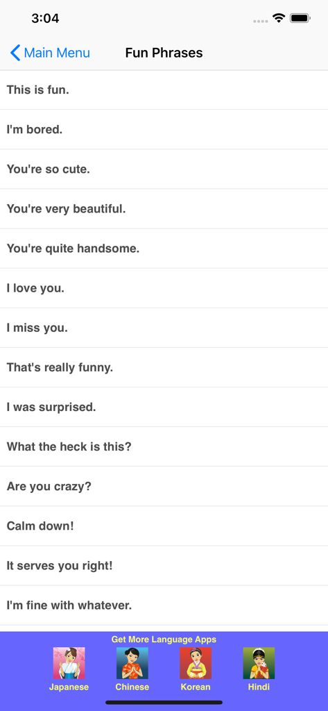 A list of fun and social phrases in the Speak Thai Travel Phrasebook mobile app