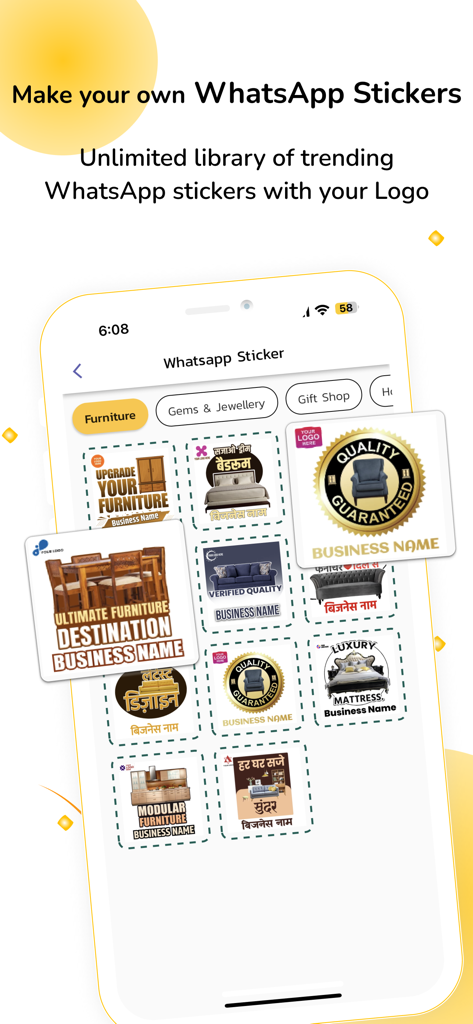 AdBanao: Poster & Video Maker - ビジネスロゴやブランディングオプションを備えたカスタムWhatsAppステッカーテンプレートを表示するAdBanaoアプリインターフェース