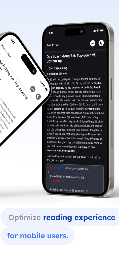 Viblo - Viblo Mobile App: Zeigt einen technischen Programmierartikel im Dunkelmodus für ein optimiertes Leseerlebnis