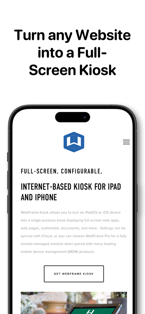 WebFrame Pro Kiosk app interface for turning websites into full screen iOS kiosks