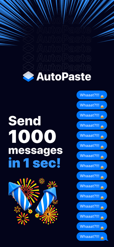 Tela do aplicativo AutoPaste demonstrando a capacidade de enviar 1000 mensagens em um segundo.