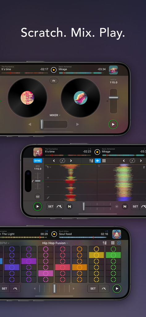 Three iPhone screens displaying djay app interfaces for scratching mixing and playing music