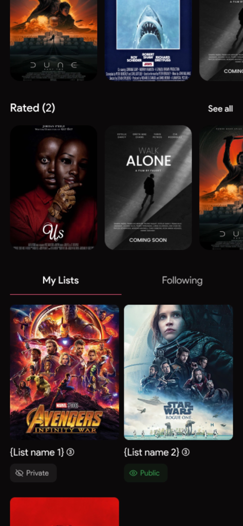 The Movie App - User profile screen of The Movie App showing rated movies and custom private and public watchlists.