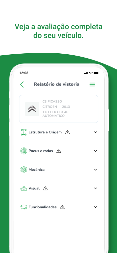 InstaCarro: Venda de Carros - A mobile screen showing a detailed vehicle inspection report in the InstaCarro app
