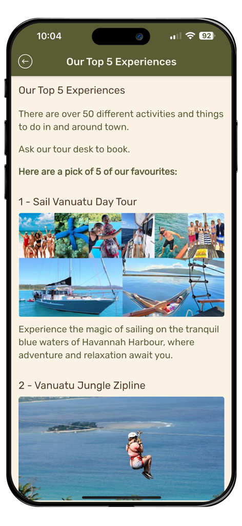 Mangoes Resort - Schermata dell'app Mangoes Resort che mostra esperienze di viaggio consigliate come il tour giornaliero in barca a vela a Vanuatu e lo zipline nella giungla di Vanuatu.