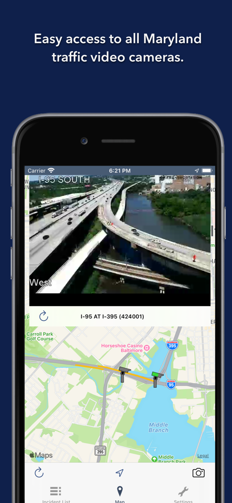 Maryland Roads Traffic - Screenshot of the Maryland Roads Traffic app showing a live traffic camera feed of I-95 in Baltimore.
