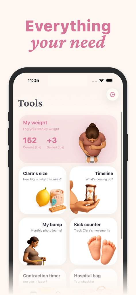 Baby Lua app dashboard showing tools for weight tracking, baby size comparison, and kick counting.