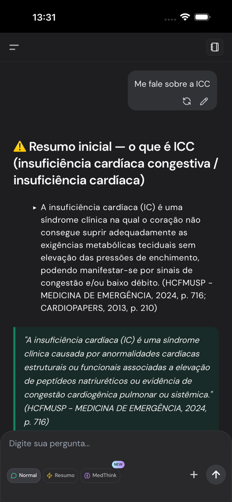 MedSeek by Liberty - MedSeek app interface showing a clinical summary of heart failure with scientific references
