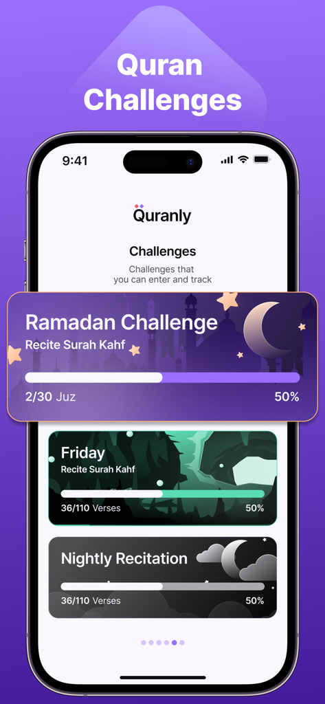 Screenshot der Quranly-App, die verschiedene Quran-Leseherausforderungen mit visuellen Fortschrittsbalken für Ramadan, Freitagsrezitation und Nachtlesung zeigt