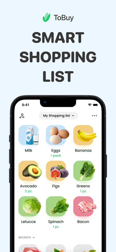 La interfaz de la aplicación de lista de la compra ToBuy que muestra una lista de la compra inteligente con iconos visuales para leche, huevos y productos frescos