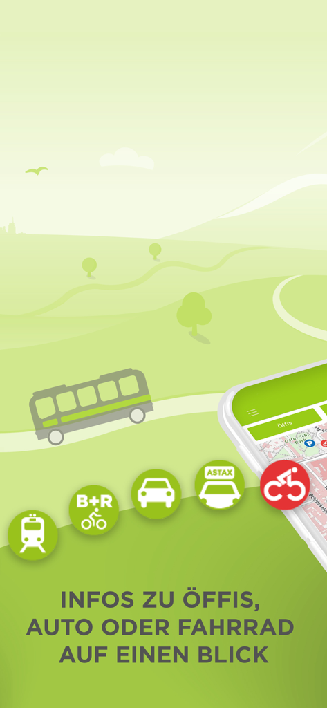 VOR AnachB app illustration showing transit options including bus train car and bicycle