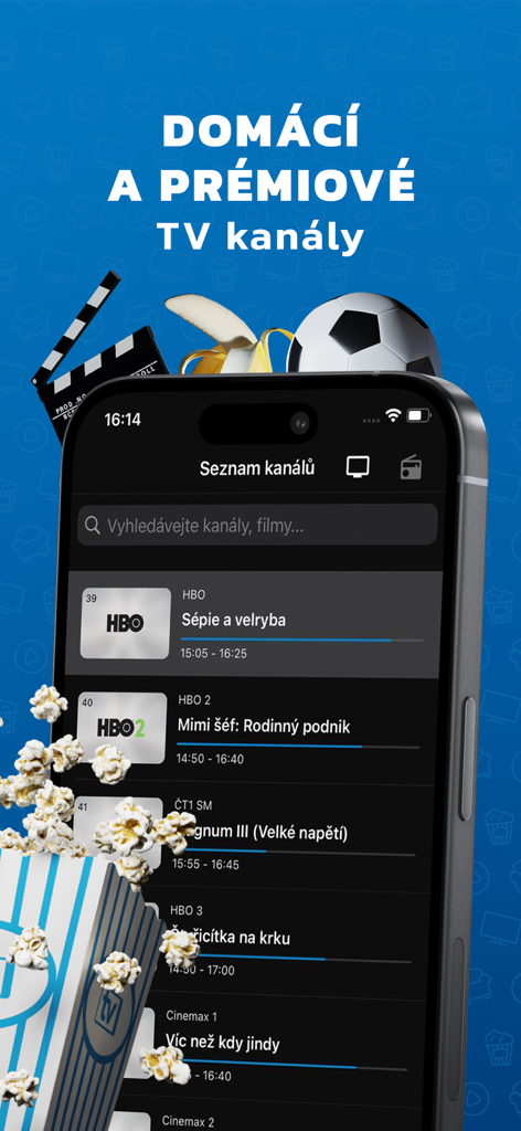SledovaniTV - SledovaniTV mobile app interface showing domestic and premium TV channels list