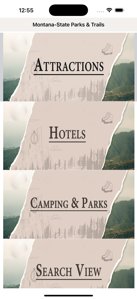 Main menu of the Montana State Parks Guide app showing categories for attractions hotels and camping