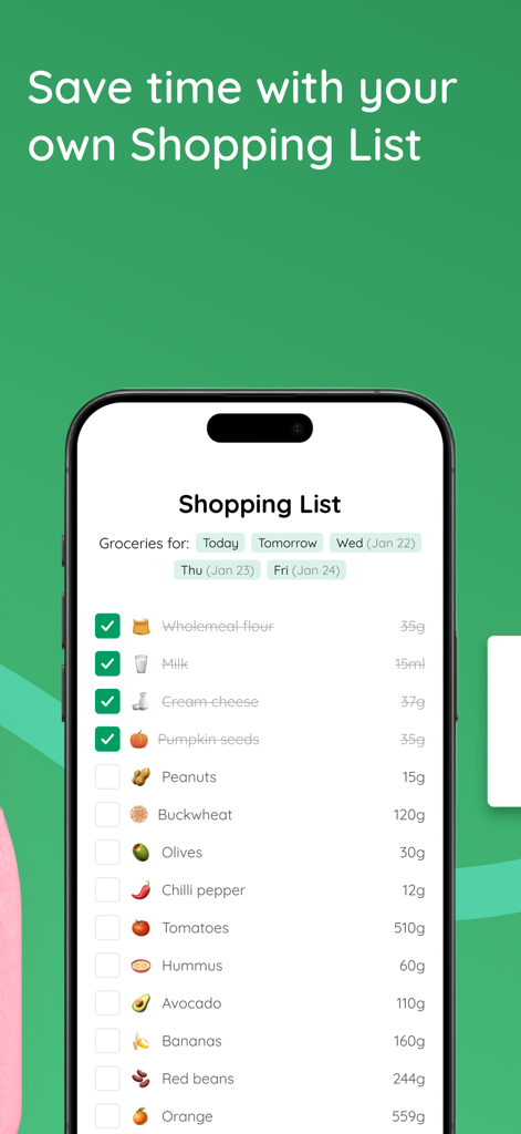 Best.Me app interface displaying a digital shopping list with various grocery items and checkboxes for meal planning.
