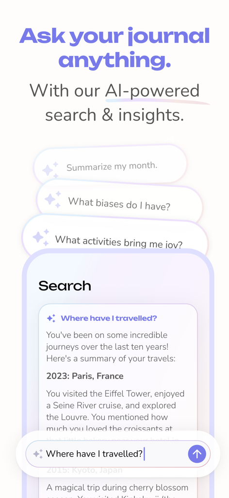 Reflection AI Journal app interface showing the AI powered search and personal insights feature