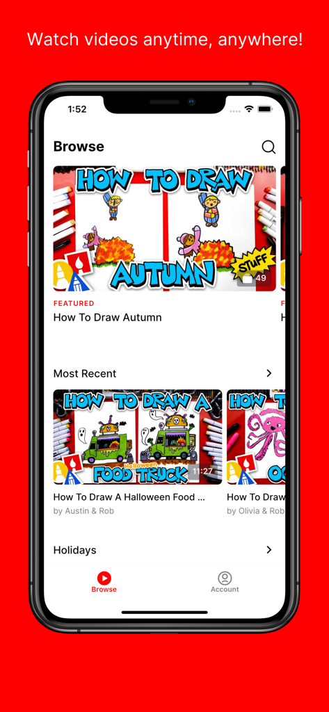 Art For Kids Hub - Browse screen of the Art For Kids Hub app displaying various drawing lessons for children