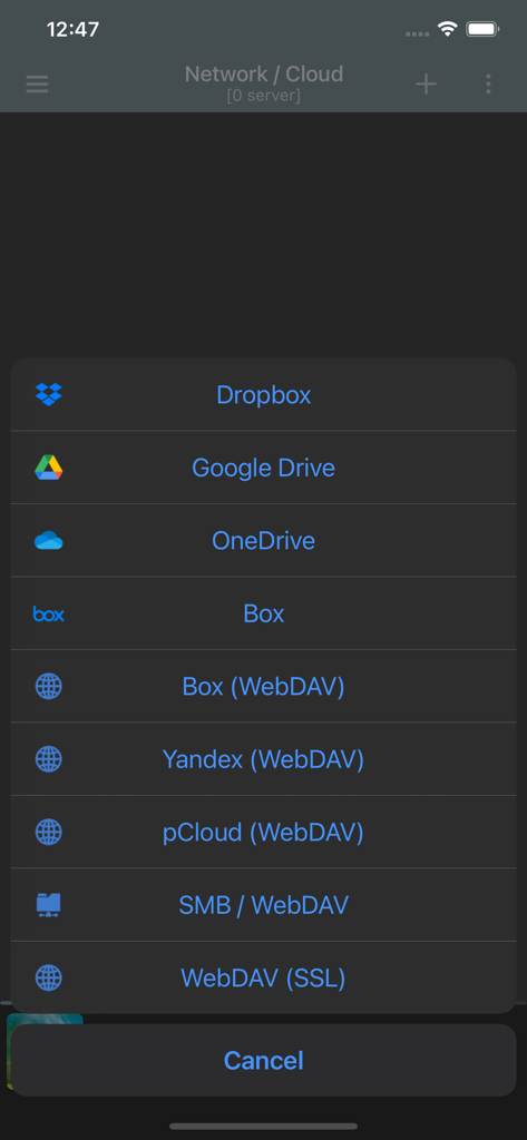 jetAudio Hi-Res Music Player - jetAudio app menu for selecting cloud and network music streaming services including Dropbox, Google Drive, and WebDAV.