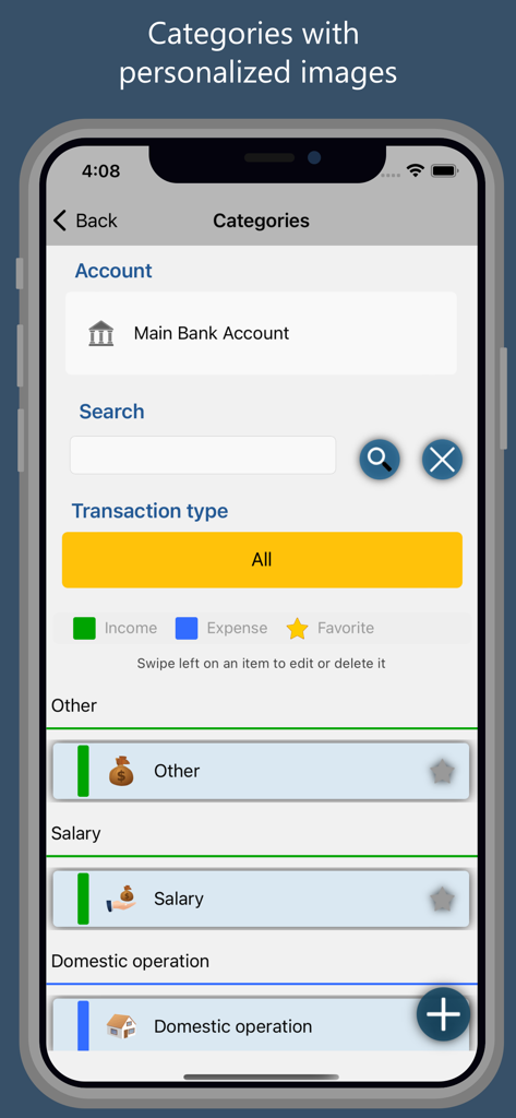 Pantalla de la aplicación Homeasy que muestra categorías de transacciones con iconos personalizados para ingresos y gastos