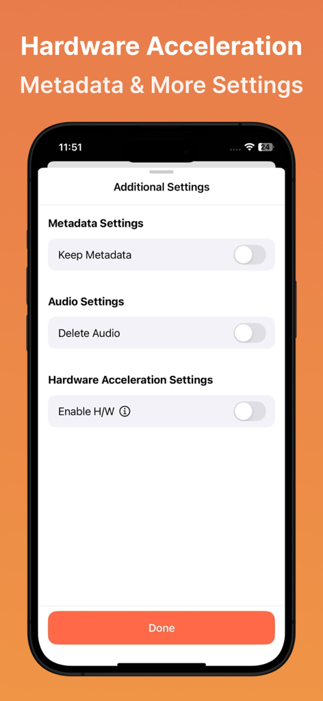 Video Compressor : Save Space - O menu de configurações adicionais do aplicativo Compressor de Vídeo mostrando alternâncias de metadados, áudio e aceleração de hardware.