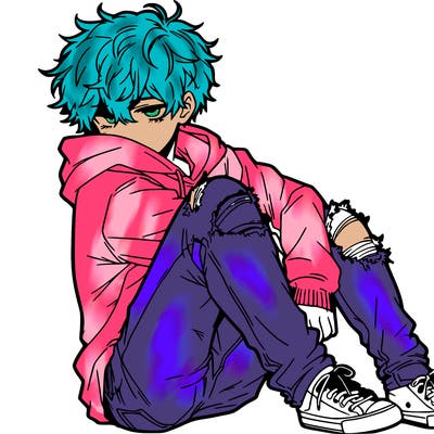 a male hoddie ripped jeans messy hair anime