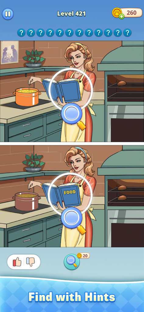Écran de jeu Fun Differences montrant le niveau 421 où un joueur utilise des indices pour trouver les différences dans une scène de cuisine.