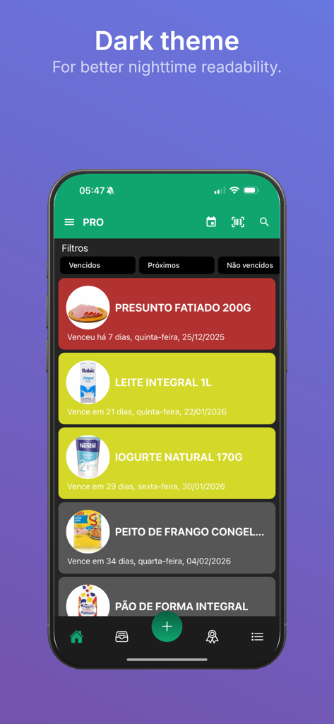 Smart Expiry Tracker - Smart Expiry Tracker mobile app displaying food inventory with color coded expiration status in dark theme