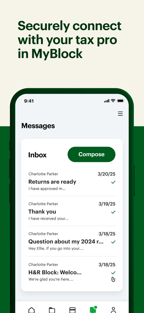 MyBlock app interface showing a secure messaging inbox to communicate with a tax professional