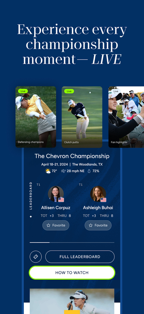 The Chevron Championship의 공식 LPGA 앱 화면에 라이브 리더보드와 선수 하이라이트가 표시됩니다.