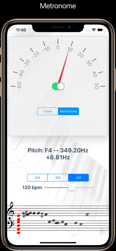 Tuner - Music Tuner app interface showing metronome settings and pitch detection on a musical staff