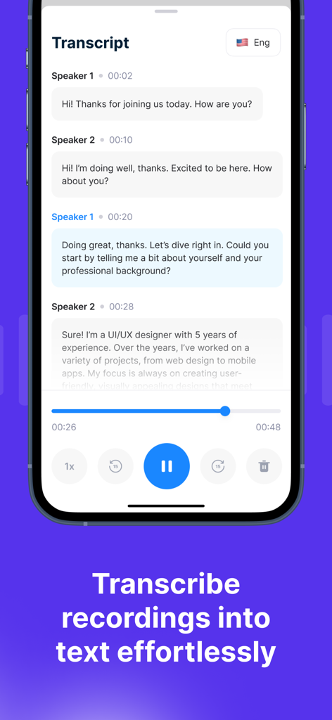 Pantalla de la aplicación Rec-all que muestra una transcripción de llamada automatizada con identificación del interlocutor y controles de reproducción