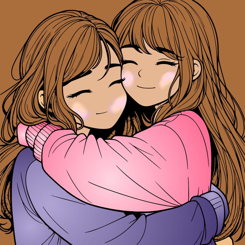 realistic two girls hugging