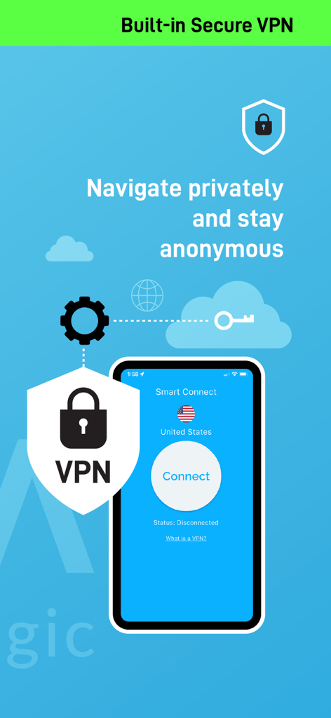 WiFi Magic+ VPN - WiFi Magic app screenshot highlighting the built-in secure VPN feature for private and anonymous browsing.